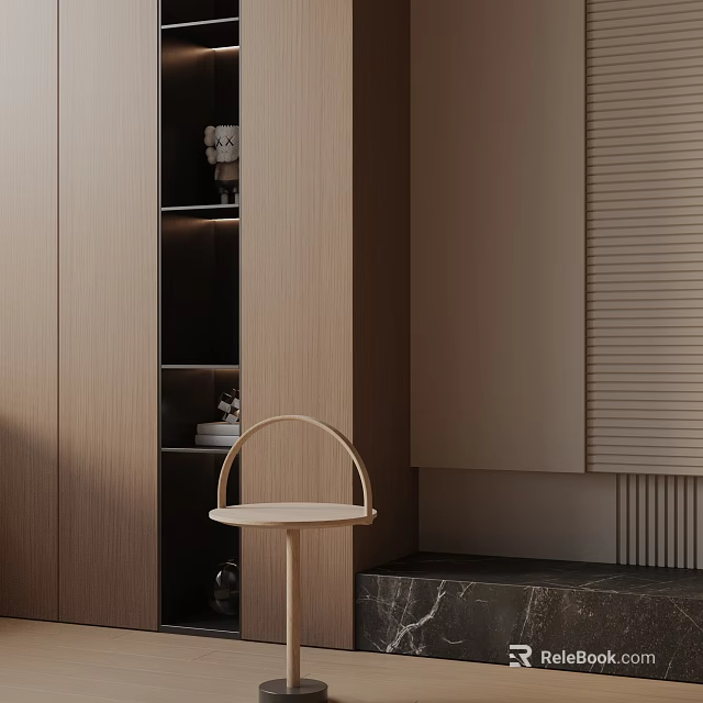 Modern Minimalist Light Wood Side Table With Round Top And Curved Frame In Living Room Space 3d model 