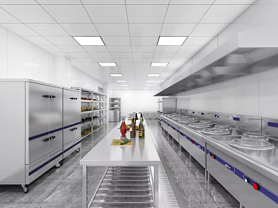 Commercial Kitchen Interior With Stainless Steel Worktables Cooking Stations And Refrigerators 3d model