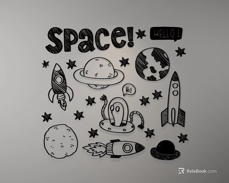 Space Themed Wall Decor With Stars Rockets Planets Earth Moon And Alien Design 3d model