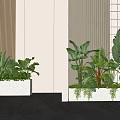 Indoor Landscape Featuring Green Plants In White Planters With Multi Textured Walls And Dark Flooring