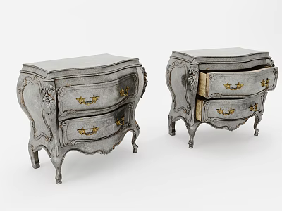 Classic Gray Bedside Tables With Carved Details Gold Handles And Elegant Legs 3d model