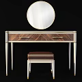 Modern Wooden Dressing Table With Gold Handle Drawers Round Mirror And Stool 3d model