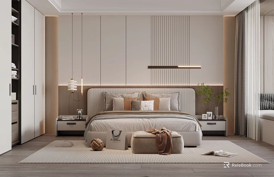 Modern Bedroom Interior Design With Soft Headboard Decorative Pillows Nightstands And Cozy Carpet 3d model 