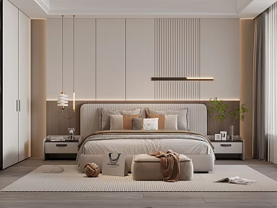 Modern Bedroom Interior Design With Soft Headboard Decorative Pillows Nightstands And Cozy Carpet 3d model
