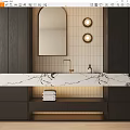 Modern Bathroom Vanity With Marble Countertop Mirror Wall Lights And Stacked Towels