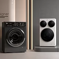 Modern Designer Black and White Front Load Washing Machines on Display Stand