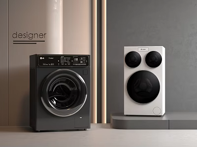 Modern Designer Black and White Front Load Washing Machines on Display Stand 3d model