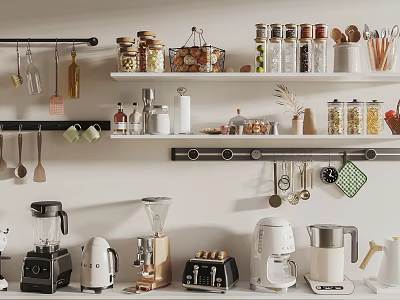 Organized Kitchen Utensils On Wall Shelves With Hanging Tools Jars And Small Appliances 3d model