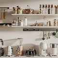 Organized Kitchen Utensils On Wall Shelves With Hanging Tools Jars And Small Appliances