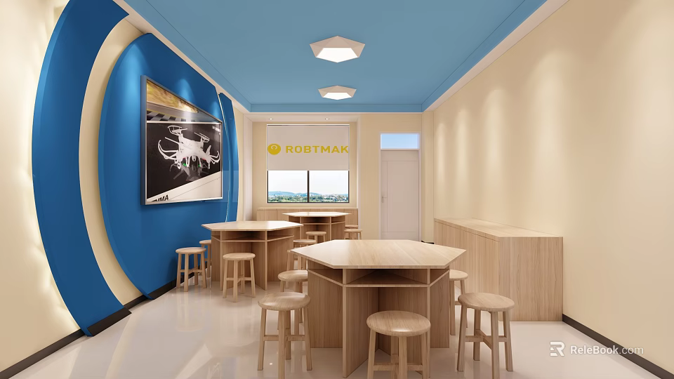School Interior With Blue Beige Walls ROBTMAN Sign Wooden Tables And Stools 3d model 