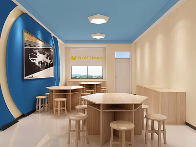 School Interior With Blue Beige Walls ROBTMAN Sign Wooden Tables And Stools 3d model