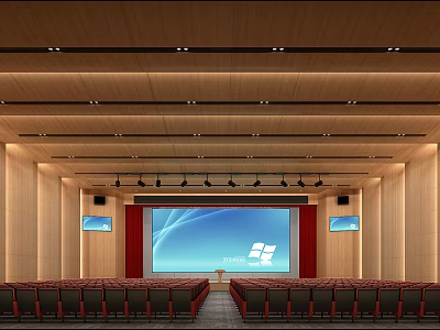 Formal Conference Room With Wooden Ceiling Red Curtains Large Screen Side Screens And Arranged Seats 3d model