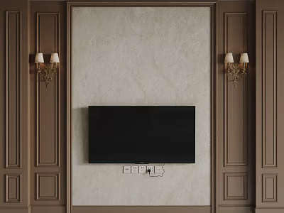 TV Background Wall Design With Brown Wooden Panels Beige Central Wall And Side Wall Sconces 3d model