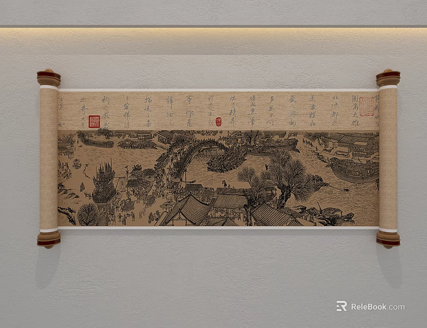 Traditional Chinese Scroll Painting With Ancient Landscape Architecture And Red Seals 3d model 