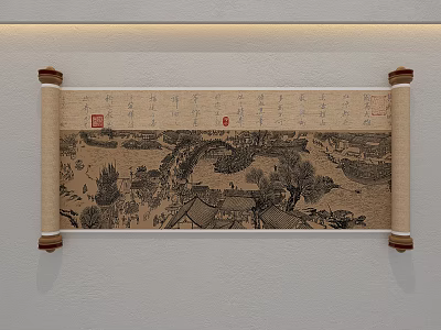 Traditional Chinese Scroll Painting With Ancient Landscape Architecture And Red Seals 3d model