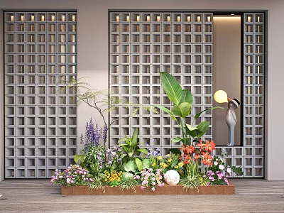 Decorative Plant Combination With Various Greenery And Colorful Flowers Against Lattice Doors 3d model