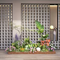 Decorative Plant Combination With Various Greenery And Colorful Flowers Against Lattice Doors