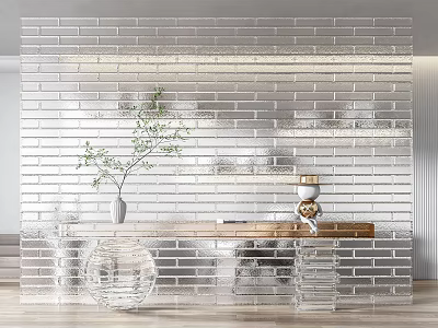 Transparent Brick Wall In Modern Interior With Decorative Vase Wooden Table And Green Plants 3d model