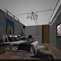 Industrial Style Hotel Room Interior with Brick Wall Purple Bedding Desk and Decorative Paintings