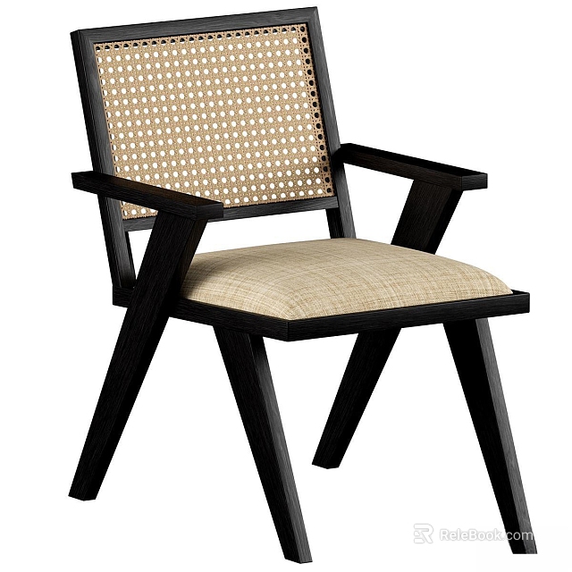 Modern Dining Chair With Black Wooden Frame Woven Backrest And Beige Cushion Armrests Design 3d model 