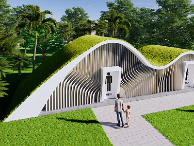Modern Public Restroom With Green Roof And Curved Structure Near Trees Lawn And Path 3d model