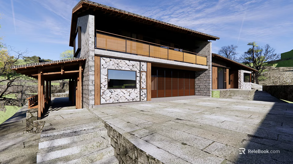 Rustic Vacation Home with Wooden Structure Stone Wall Facade Front Balcony and Stone Pavement Courtyard 3d model 
