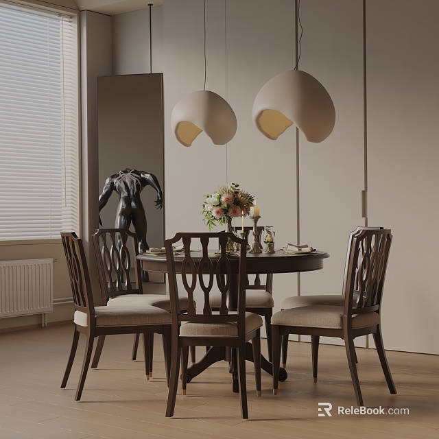 Elegant Modern Dining Table Set With Upholstered Chairs Pendant Lights And Floral Centerpiece 3d model 