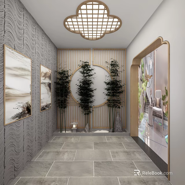 Shop Front Desk With Wavy Gray Walls Square Grid Light Circular Decoration And Green Plants 3d model 