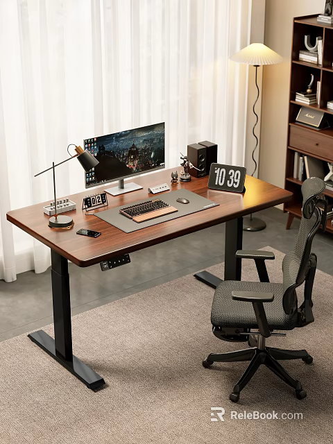 Modern Home Office Setup With Wooden Desk Computer Monitor Ergonomic Chair And Bookshelf 3d model 