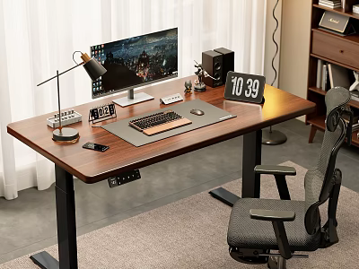Modern Home Office Setup With Wooden Desk Computer Monitor Ergonomic Chair And Bookshelf 3d model