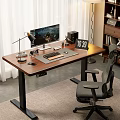Modern Home Office Setup With Wooden Desk Computer Monitor Ergonomic Chair And Bookshelf