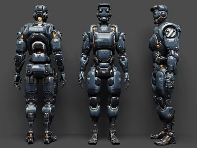 Mechanical Robot Design With Front Back Side Views And Detailed Armor Components 3d model