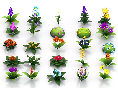 Colorful Various Flowers And Plants With Different Shapes Bright Petals And Lush Leaves 3d model