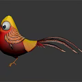 3D Cartoon Bird With Red Body Yellow Head Big Eyes And Long Colorful Feathers Standing