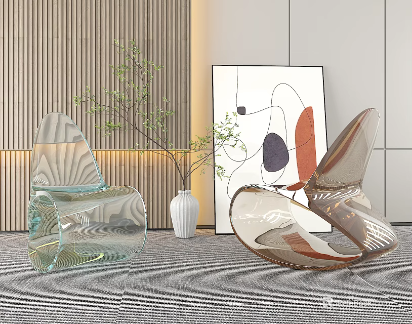 Modern Transparent Leisure Chairs With Green Plants And Abstract Art In Stylish Interior 3d model 