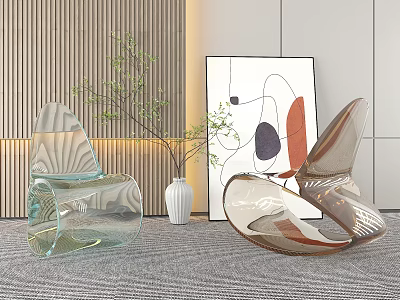 Modern Transparent Leisure Chairs With Green Plants And Abstract Art In Stylish Interior 3d model