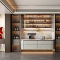 Modern Wine Cabinet Interior With Glass Doors Marble Backsplash Lighting And Wine Bottles