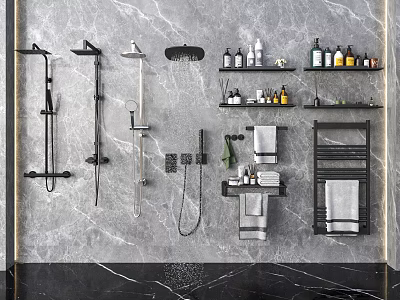 Modern Bathroom Interior Design With Shower System Multiple Heads Gray Marble Wall And Storage Shelves 3d model