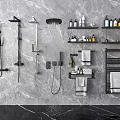 Modern Bathroom Interior Design With Shower System Multiple Heads Gray Marble Wall And Storage Shelves
