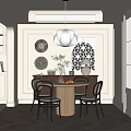 Elegant Restaurant Interior With Round Wooden Table Black Chairs Pendant Light And Wall Decor