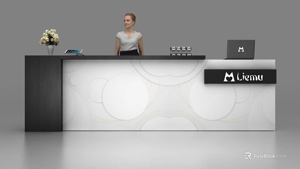 Modern Reception Desk With Circular Patterns Flower Vase Laptop And Liemu Logo 3d model