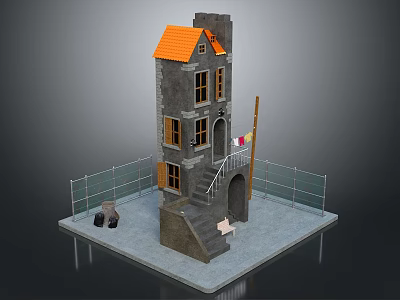 Gray Stone Building With Orange Roof Multiple Windows External Staircase Arched Entrance And Metal Fence 3d model