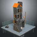 Gray Stone Building With Orange Roof Multiple Windows External Staircase Arched Entrance And Metal Fence