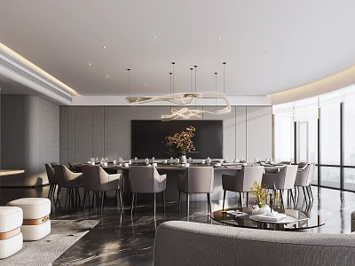 Luxurious Private Dining Room Interior With Round Table Chandelier Greenery And Floor to Ceiling Windows 3d model