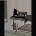 Modern Dressing Table With Lighted Round Mirror Cosmetic Bottles And Drawers In Bedroom