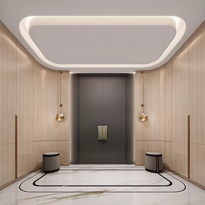 Foyer Hallway Design With Wooden Walls Dark Gray Door Marble Floor And Golden Lamps 3d model