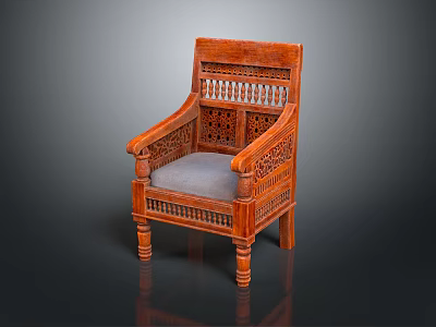 Wooden Single Sofa With Intricate Carved Armrests Gray Cushion And Classic Design 3d model