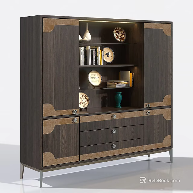 Elegant Wooden Entryway Console Cabinet With Storage Drawers And Display Shelves 3d model 