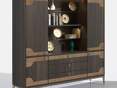 Elegant Wooden Entryway Console Cabinet With Storage Drawers And Display Shelves 3d model