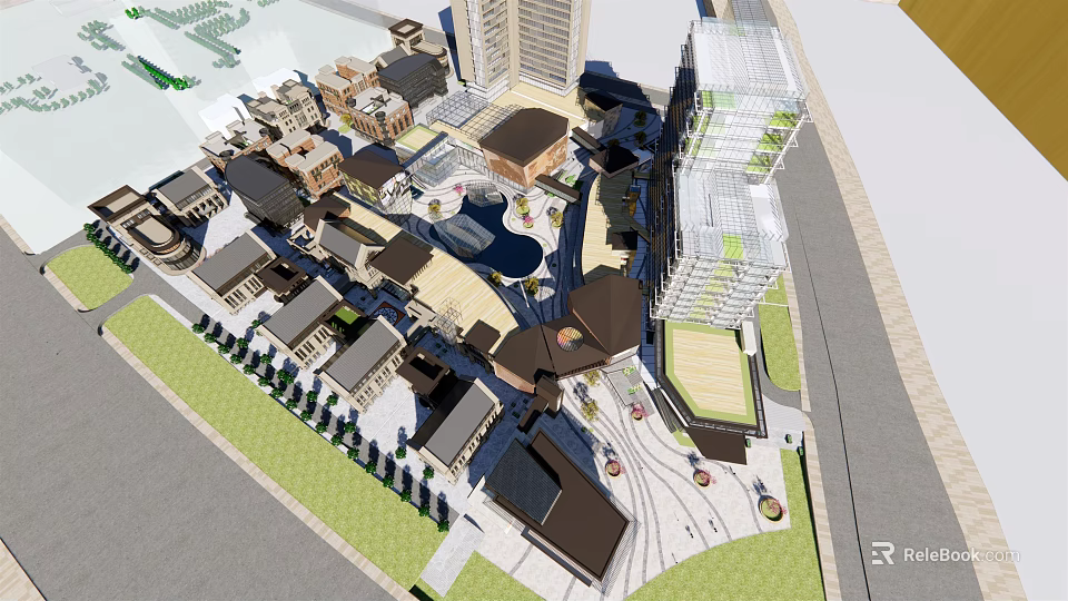 Modern Commercial Street With Mixed Architecture Plaza Green Spaces And Pedestrian Paths 3d model 